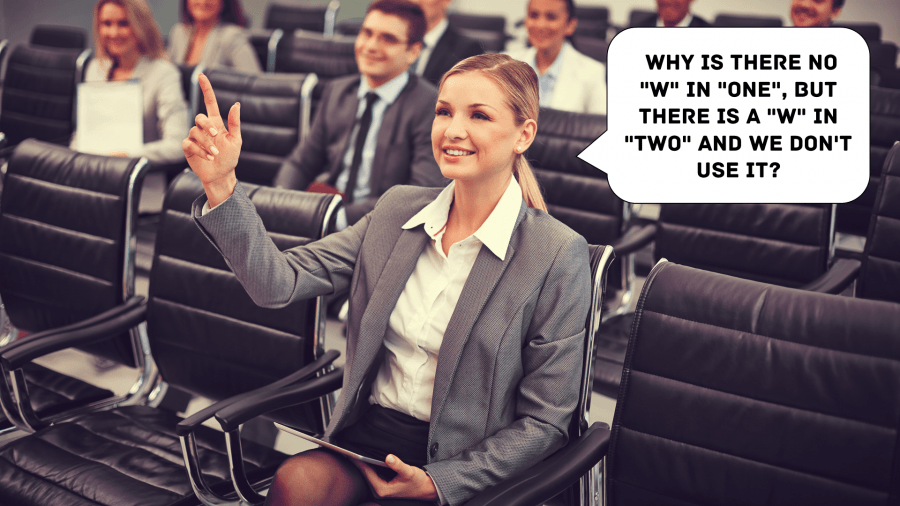 Woman asking funny question during presentation