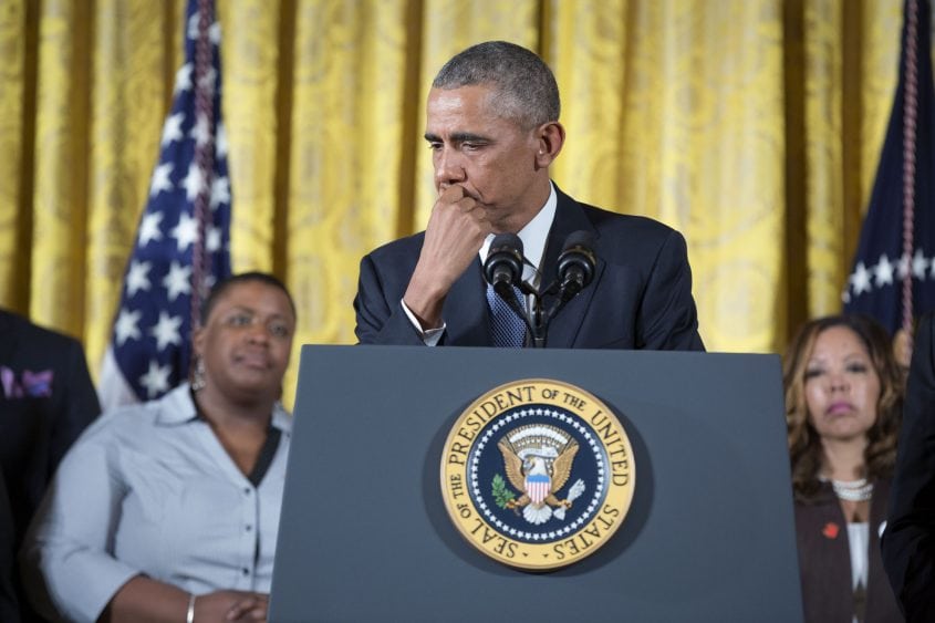 President Barack Obama tears up as he delivers remarks to announce steps that the administration is taking to reduce gun violence, in the East Room of the White House, Jan. 5, 2016. (Official White House Photo by Pete Souza)