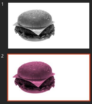 Two slides in PowerPoint - one with a color overlay, and one with grayscale effects.