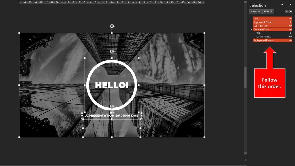 Selection pane highlighting order of elements in PowerPoint cover
