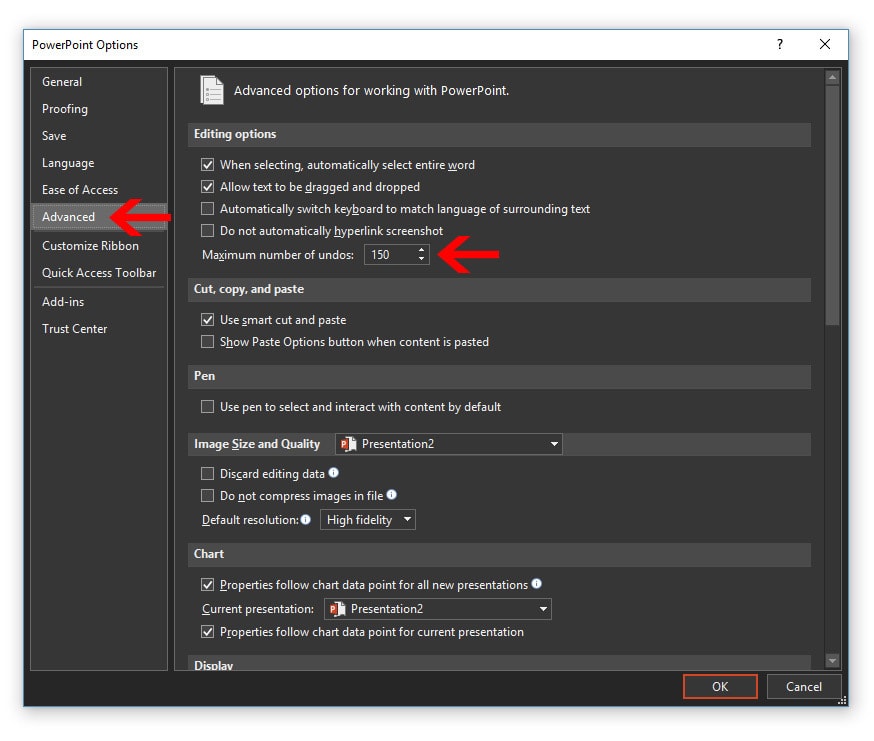 how to increase undos in PowerPoint